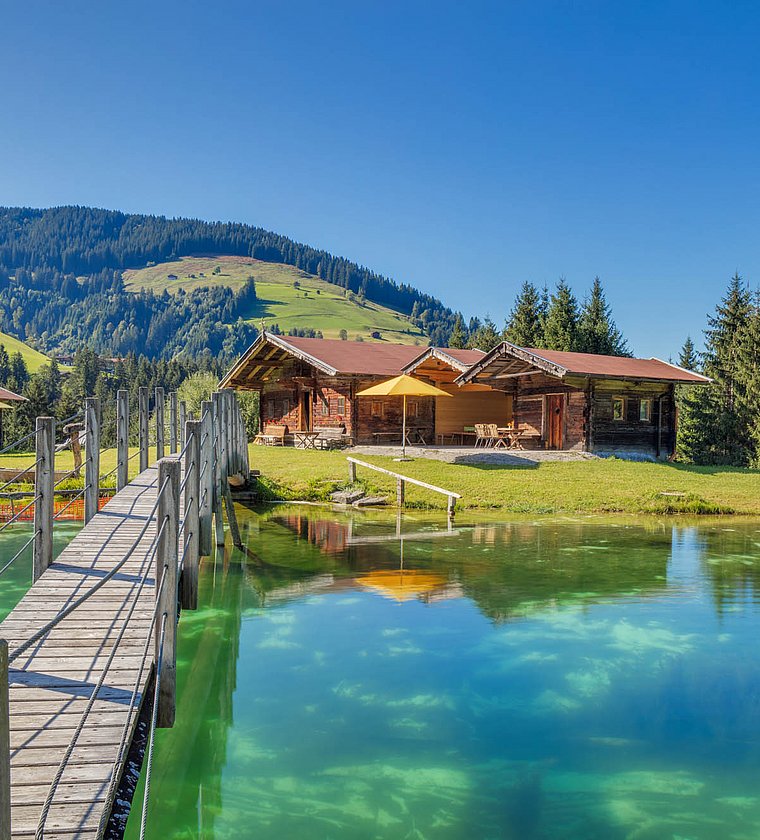 Alm mit Badesee in den Bergen im Sommer